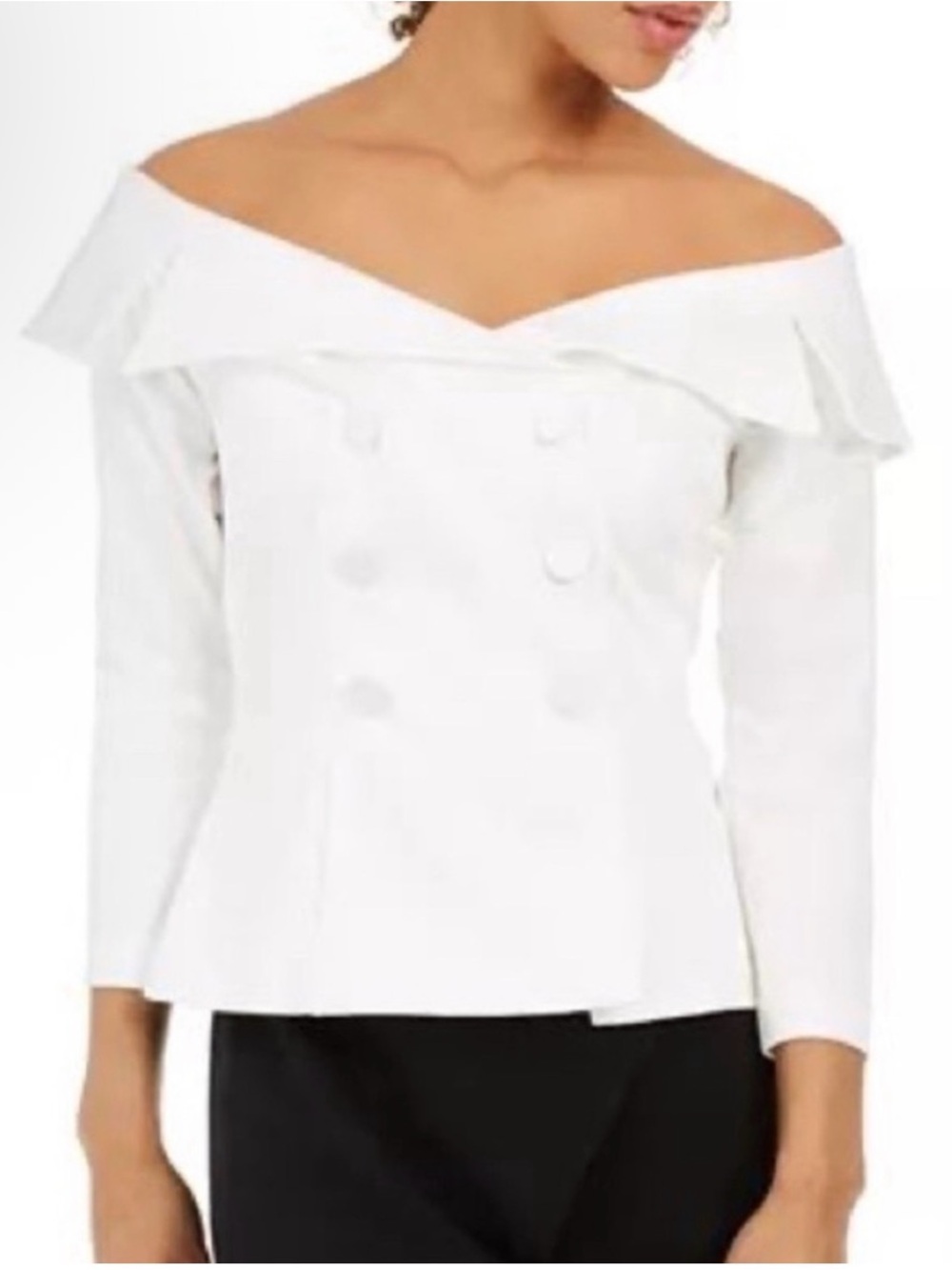 Adrianna Papell Off-Shoulder White Double-Breasted Women's Top